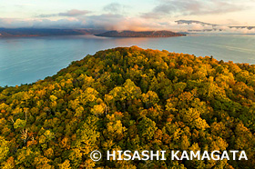 屈斜路湖　朝焼け　ドローン撮影　北海道　10月