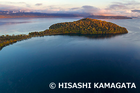 屈斜路湖　朝焼け　和琴半島　阿寒摩周国立公園　ドローン撮影　北海道　10月