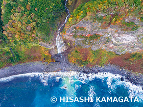 カムイワッカの滝 オホーツク海 紅葉 知床半島 知床国立公園 ドローン撮影 北海道 10月