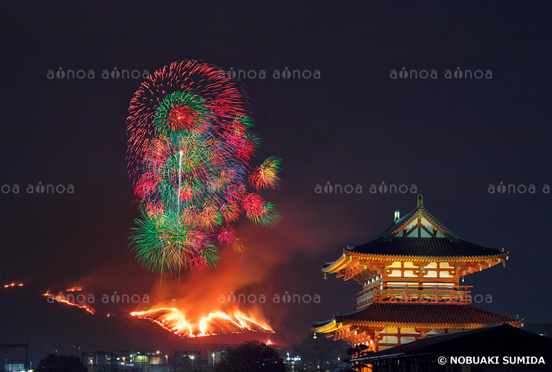 若草山の山焼と花火　奈良県　1月